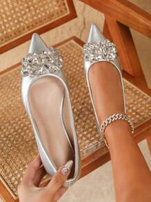New Fashion Women's Pointed Toe Silver Flat Shoes With Rhinestones, Casual Valentines