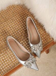 New Fashion Women's Pointed Toe Silver Flat Shoes With Rhinestones, Casual Valentines