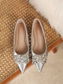 New Fashion Women's Pointed Toe Silver Flat Shoes With Rhinestones, Casual Valentines