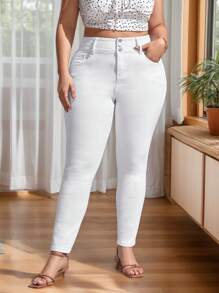 Los pantalones vaqueros ajustados de cintura alta elásticos blancos de talla grande para mujer, los pantalones tipo lápiz se ven delgados y sexys, Pantalón Jeans de Tiro Alto para mujer, con Detalles de desgaste Ajustados Cómodos Amolda Curvas, Jeans ajustados con botón