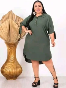 Women's Plus Size Chemise Dress, Viscose Fabric, With Functional Button - Army Green - View 2