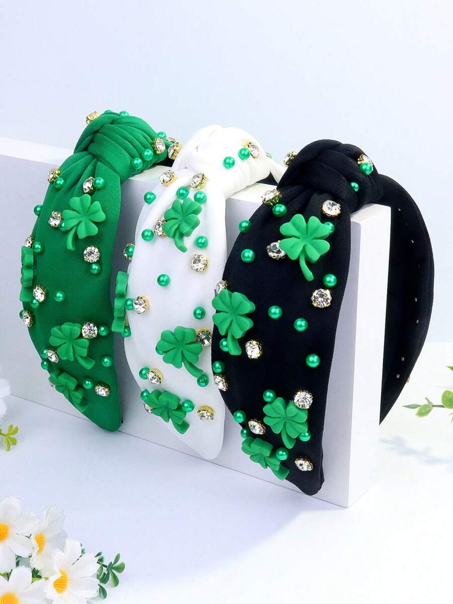 1pc Women's 4-Leaf Clover St. Patrick's Day Elegant Crystal & Pearl Knotted Headband, Hair Band, Hair Hoop - 彩色 - 查看 1
