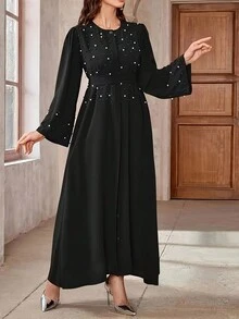 Elegant Solid Color Turkish Style Women's Long Robe Dress, Pearls Embellished Long Sleeve With Belt Abaya,Modest