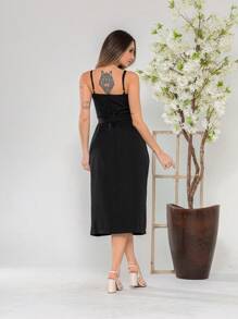 V761 Tailored Midi Dress With Straps - Black - View 2