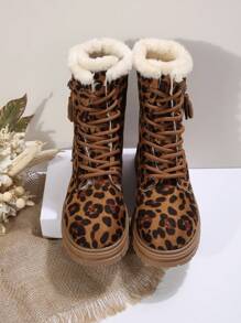 New Women Winter Thermal Lined Mid-Calf Warm Boots, Versatile Fashion Lace-Up Anti-Slip Thick Sole Boots