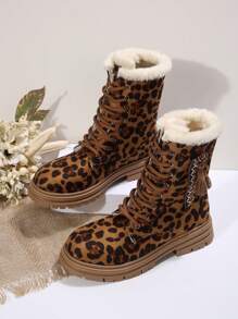 New Women Winter Thermal Lined Mid-Calf Warm Boots, Versatile Fashion Lace-Up Anti-Slip Thick Sole Boots