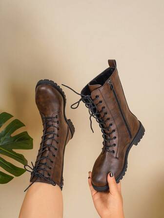 Women's Fashionable Versatile Lace-Up Mid-Calf Boots, Motorcycle Boots, Short Boots, High-Top Anti-Slip Boots, Casual & Comfortable With Side Zipper, Outdoor Boots, Riding Boots, Black Boots Suitable For Autumn/Winter, Knee-High Boots, Wide Fit