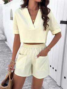 女士 V 领短袖短裤两件套