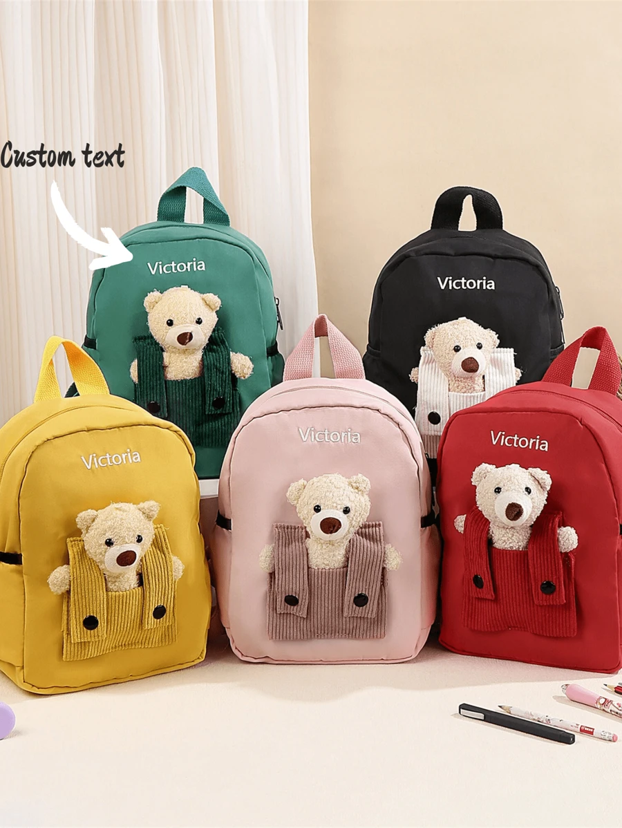 1 pezzo Zaino personalizzato con nome per bambini, zaino a forma di orsacchiotto, borsa scolastica con nome ricamato per bambini piccoli, regalo per il ritorno a scuola, borse regalo per bambini e signore