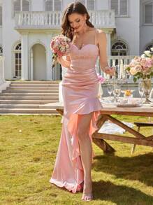 Women Elegant Lace Patchwork Asymmetrical Ruffle Hem Split Slimming Bridesmaid Dress - Pink - View 5
