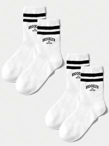 1pair Kids' Double Stripes & Letter Sporty Tube Socks Brooklyn 1898 Round Neck Socks, Suitable For Daily Wear - Black and White - View 11