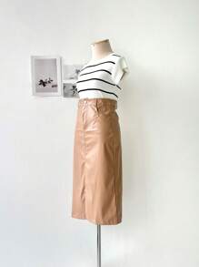 LEATHER MIDI SKIRT - 棕色 - 查看 3