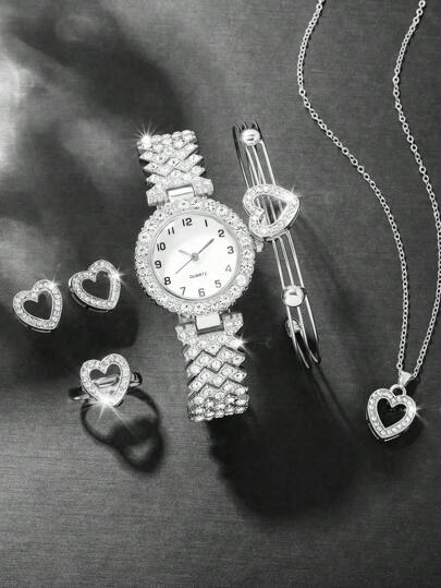6pcs/Set Diamond Decor Casual Girl Quartz Watch And Jewelry Set