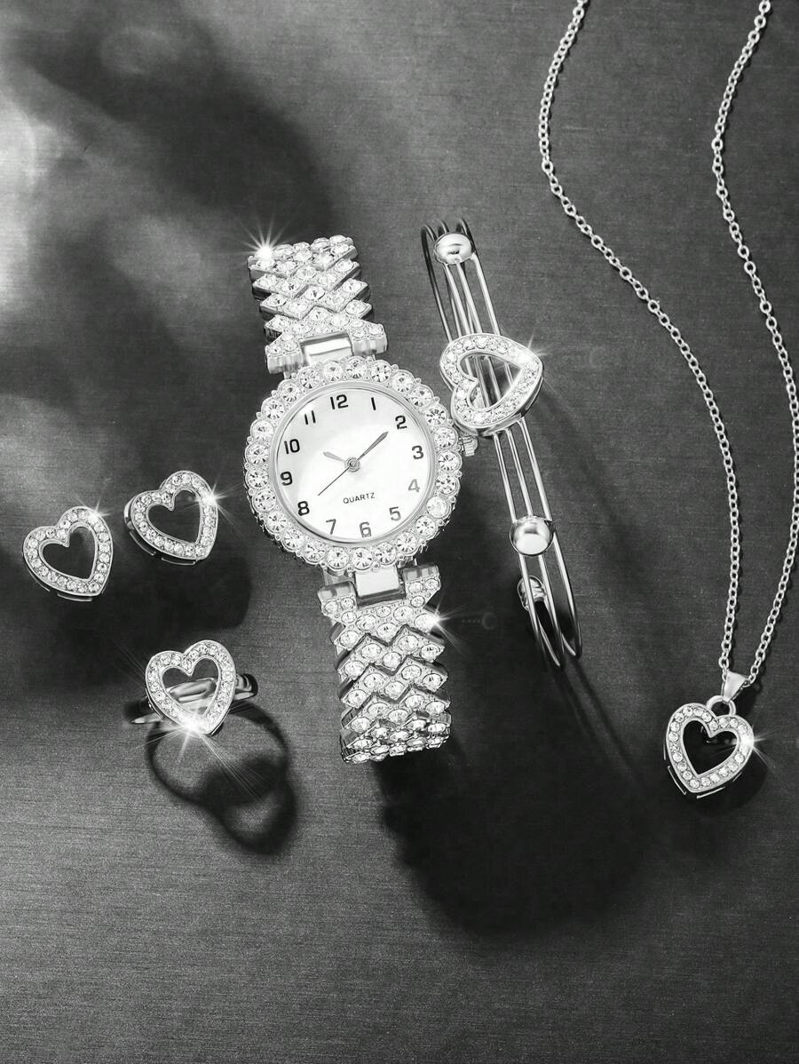 6pcs/Set Diamond Decor Casual Girl Quartz Watch And Jewelry Set - Silver - View 1
