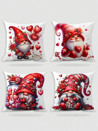 4 件/1 件浪漫情人节主题红色爱心小矮人礼物气球印花短绒枕套沙发卧室家居装饰靠垫套不含枕芯