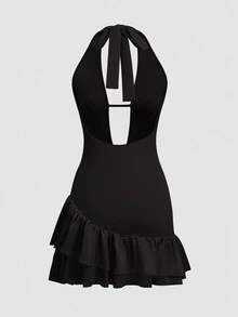 Women's Sexy Halter Hollow Out Red Tied Ruffled Mini Dress - Black - View 7