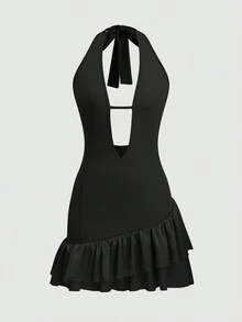 Women's Sexy Halter Hollow Out Red Tied Ruffled Mini Dress - Black - View 2