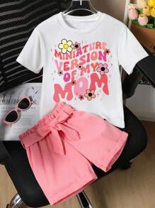 Tween Girls Slogan & Floral Print Short Sleeve T-Shirt And Paper Waist Elastic Shorts Casual 2 Pieces Set