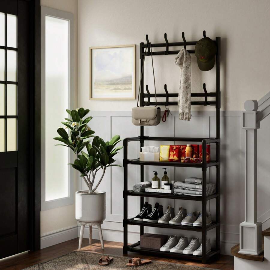 Versatile 8-Hook Shoe & Hat Rack - Space-Saving Organizer For Living Room, Doorway, And Corner | Durable Metal & Plastic Construction