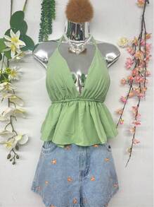 T066 Ruffle Trim Tied Backless Halter Top - 橄欖綠 - 查看 4