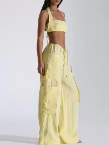 Women's Cargo Pants Solid Color Drawstring Wide Leg Trousers With Large Pockets Casual Streetwear - Yellow - View 5