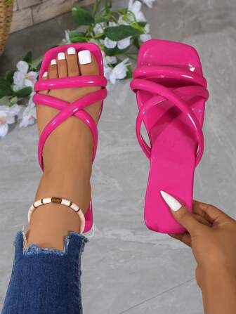 Women's New Square Toe Solid Color Sandals, Red, Versatile, Outdoor, Comfortable, Flat Rope Slippers, Fashionable & Elegant, Slip-On Sandals