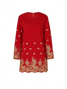 Conjunto tradicional malayo: Jersey de cuello redondo de manga larga con bordado sólido en oro + Falda de estilo neochino vintage para servicio de té de boda, Set de 2 piezas - Burdeos - Ver 4