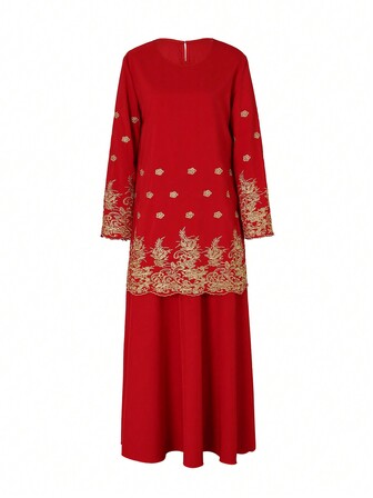 马来传统服饰：纯金刺绣圆领长袖套头衫 + 复古新中式结婚茶服裙，2 件套