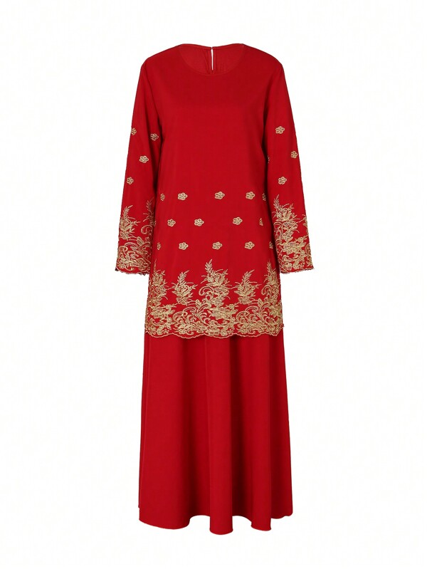 Malay Traditional Outfit: Solid Gold Embroidery Crew Neck Long Sleeve Pullover Top + Vintage Neo-Chinese Style Marriage Tea Service Skirt, 2pcs Set