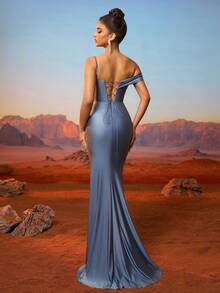 AOSHABABI Damen einfarbiges Maxikleid mit Schlitz vorne, plissiert, ärmelos, verstellbare Spaghettiträger, rückenfrei, Schnürung hinten (stark verziert). Geeignet für alle formellen Anlässe, Musikfestivals, große Galas, Hochzeitsgästekleidung, Ferien-Partys, Abschlussbälle, Cocktail-Partys, Dates, Feiertage und Brautjungfern. - Blau - Übersicht 2