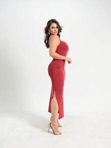 Thin Strap Dress With Side Slit In Viscolycra - Red - View 4