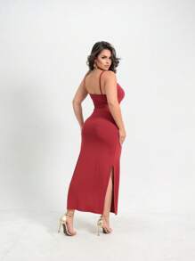 Thin Strap Dress With Side Slit In Viscolycra - Red - View 2