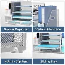 Mesh Desk Organizer With File Holder, 5-Tier Paper Letter Tray Organizer With Magazine Holder, Desktop Organizer And Storage With Drawer For Office Supplies Home Or School Back To School - White - View 3