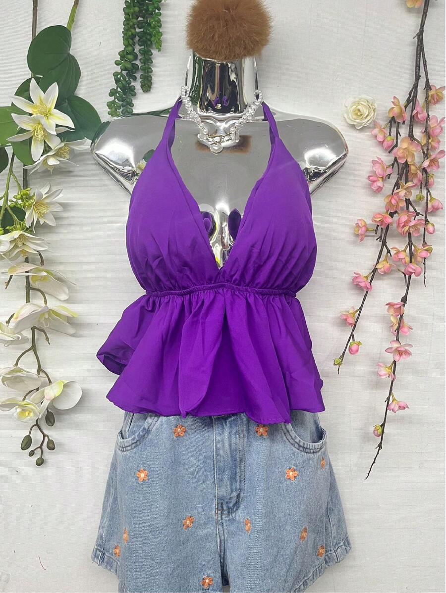 T066 Ruffle Trim Tied Backless Halter Top - Purple - View 1