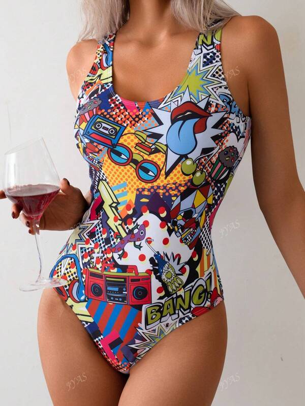 Sexy Unspecified Print One-Piece Swimsuit, Soft, Skin-Friendly, Figure-Flattering One Piece Swimsuit, European And American Popular Bikini Swimwear, Unfixed Print, Retro Print, New Style Bikini For Beach And Seaside