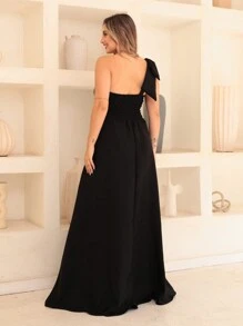 Victoria Long Luxury Dress Plain Duna Linen With Bow One Shoulder - Black - View 4