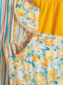 3 件套年轻女孩无袖方领可爱休闲吊带连衣裙套装 - 黃色 - 查看 11