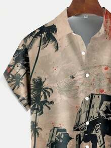 复古战争艺术渐变数码印花加大码男士纽扣口袋短袖衬衫 - 彩色 - 查看 5