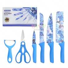 1 Juego de 6 Cuchillos de Acero Inoxidable y Mangos de Plástico con Coloridos Estampados Decorativos,6 Piezas de Utensilios de Cocina (Cuchillos) y Pelador con Hojas de Acero Inoxidable con Mangos Diseñados con Coloridos Estampados,Juego de Cuchillos de Cocina de Regalo Profesional,Juego de Cuchillos de Cocina Forjados de Acero Inoxidable de Alto Carbono,Juego de Cuchillos para Verduras,Cuchillos Afilados para Verduras,Juego de Cuchillos para Pelar y Picar para el Hogar,Simple y Hermoso para Picar una Variedad de Carne y Verduras,Adecuado para Herramientas de Cocina - Azul - Ver 6