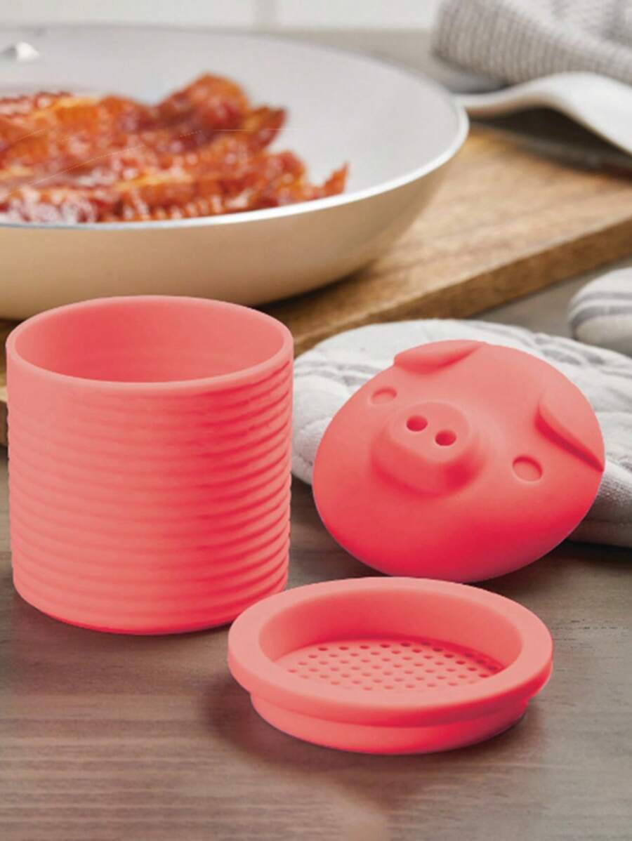 1pc Pig-Shaped Oil Grease Storage Container, Silicone Bacon Grease Holder Drainer Bacon Grease Collector - Pink - View 1
