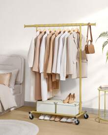 SONGMICS Perchero con ruedas, resistente, con barra extensible para colgar, capacidad de carga de 90 kg, fácil montaje, portátil, color dorado pálido/gris paloma/rosa gelatina - oro - Ver 2