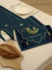 1 Stück/4 Stücke Ramadan Leinen Tischtuch & Platzteller, grüne Mondsichel & Blumen Design, geeignet für Zuhause, Restaurant, Esszimmer Dekoration, Innen-/Außenparty Bedarf, Raumdekoration