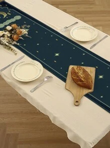 1 Stück/4 Stücke Ramadan Leinen Tischtuch & Platzteller, grüne Mondsichel & Blumen Design, geeignet für Zuhause, Restaurant, Esszimmer Dekoration, Innen-/Außenparty Bedarf, Raumdekoration