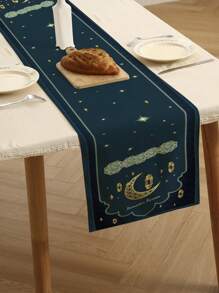 1 Stück/4 Stücke Ramadan Leinen Tischtuch & Platzteller, grüne Mondsichel & Blumen Design, geeignet für Zuhause, Restaurant, Esszimmer Dekoration, Innen-/Außenparty Bedarf, Raumdekoration