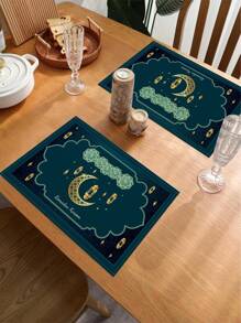 1 Stück/4 Stücke Ramadan Leinen Tischtuch & Platzteller, grüne Mondsichel & Blumen Design, geeignet für Zuhause, Restaurant, Esszimmer Dekoration, Innen-/Außenparty Bedarf, Raumdekoration