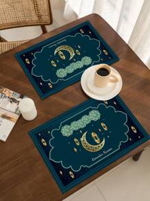 1 Stück/4 Stücke Ramadan Leinen Tischtuch & Platzteller, grüne Mondsichel & Blumen Design, geeignet für Zuhause, Restaurant, Esszimmer Dekoration, Innen-/Außenparty Bedarf, Raumdekoration