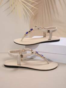 女士复古串珠凉鞋，夏季平纹编织休闲户外拖鞋