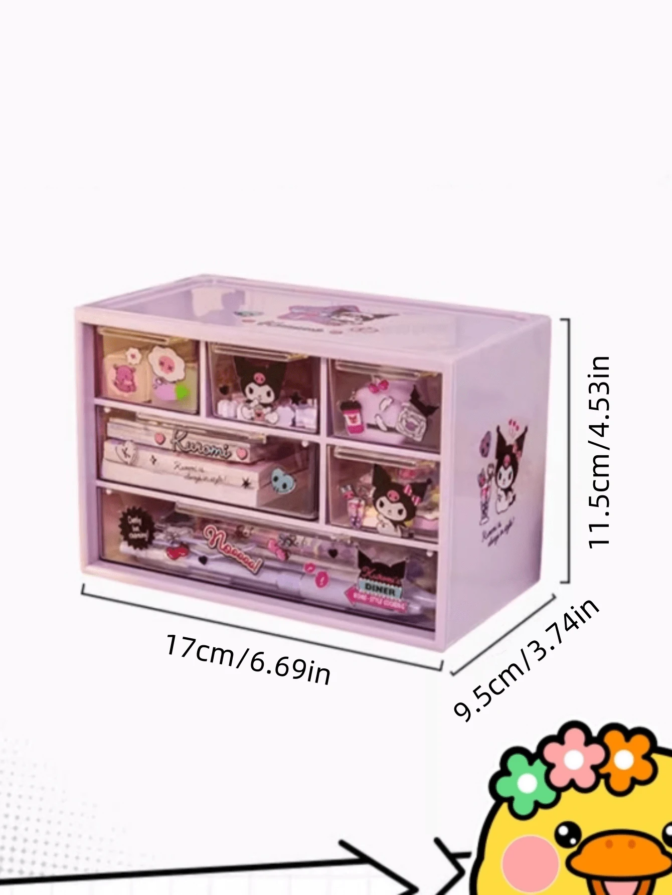 Sanrio 1개 산리오 쿠로미 & 친구들 데스크탑 수납 박스 세트, 6칸 서랍 수납 박스에 쿠로미 멜로디 신나몬 강아지 다칸 데스크탑 수납 박스, 문구 및 용품용, 무료 스티커 2개 포함, 플라스틱 공예품 및 액세서리 스탠드