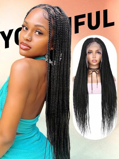 女士全蕾丝盒编织假发 32 英寸无结玉米辫蕾丝前部假发合成编织假发日常使用