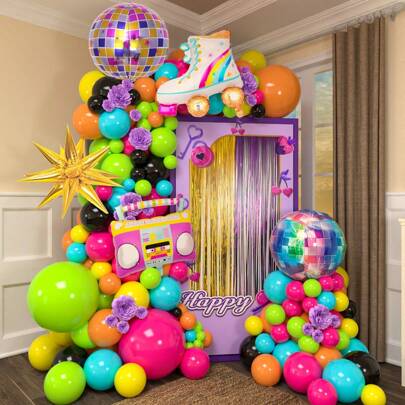 Decoración para fiesta con tema de discoteca de los años 80 y 90, kit de arco con guirnalda de bola de discoteca, set de 139 globos con patines